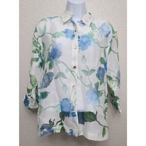 West End White Blue Green Floral Button Up Sheer Top Medium Lightweight Collard